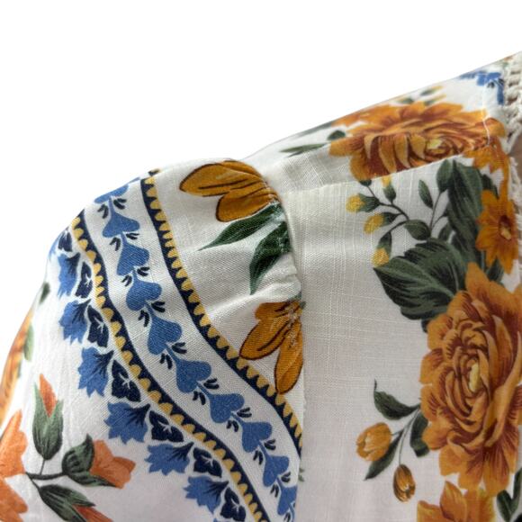 Farm Rio Blue Floral Tapestry Tie Waist Short White Sleeve Dress - Picture 8 of 10